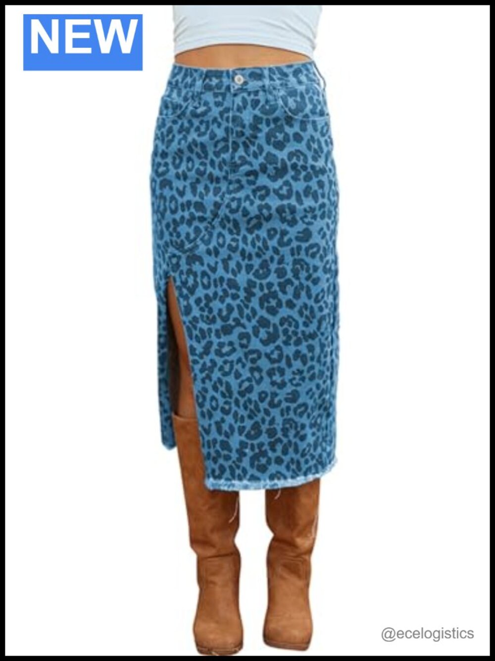 Women's Leopard Print Midi Denim Skirt High Waist Frayed Hem Side Slit